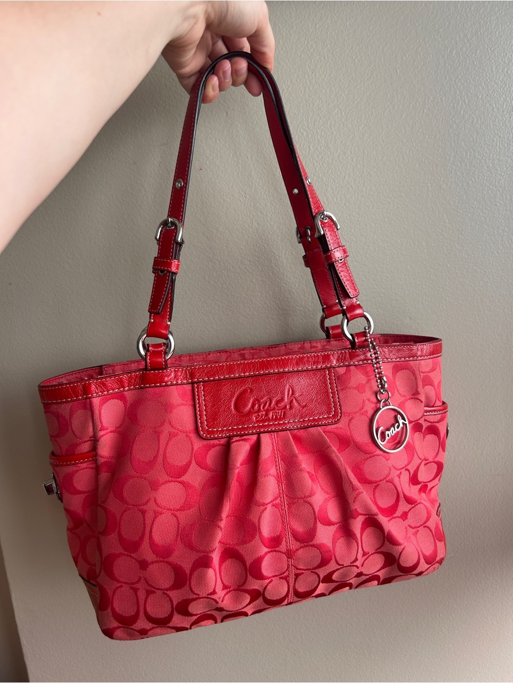 Coach F14281 Red Signature Pleated Gallery Tote Y2K